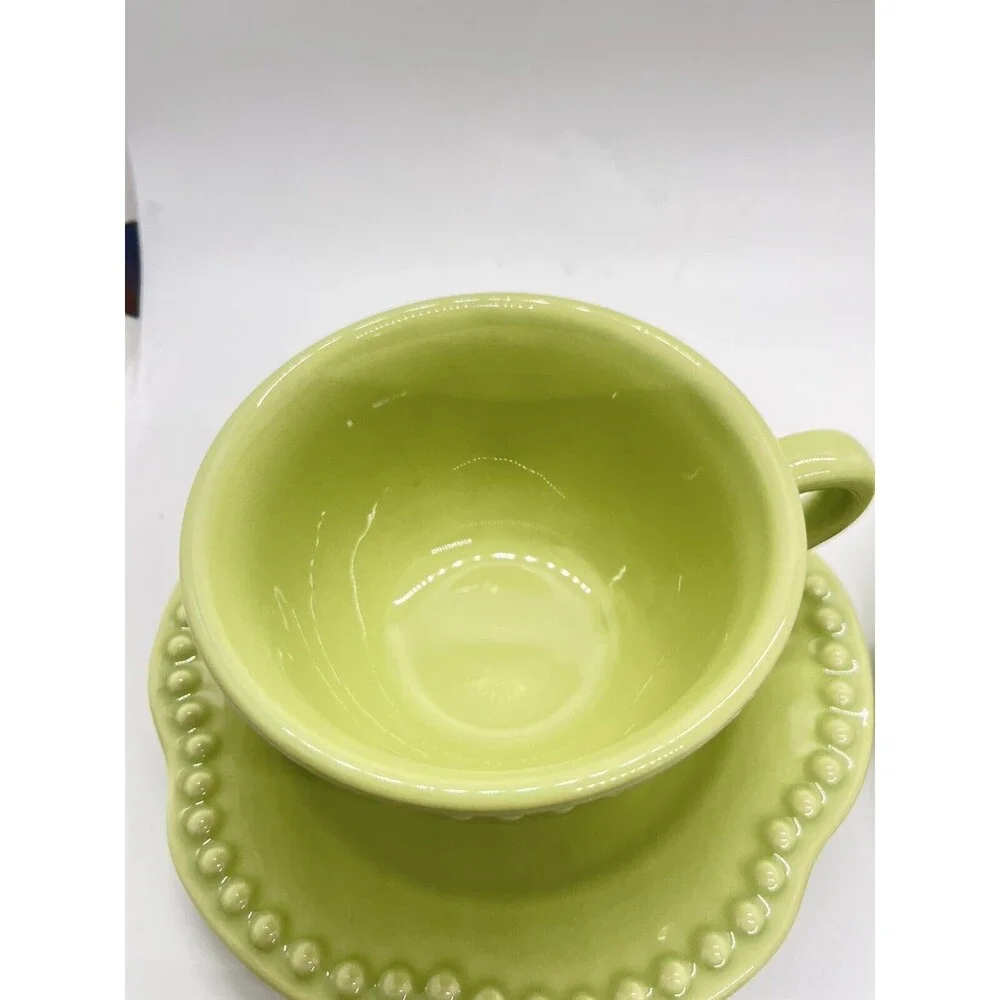 SET OF 2 POTTERY BARN EMMA GREEN BEADED CUP & SAUCER SETS PORTUGAL